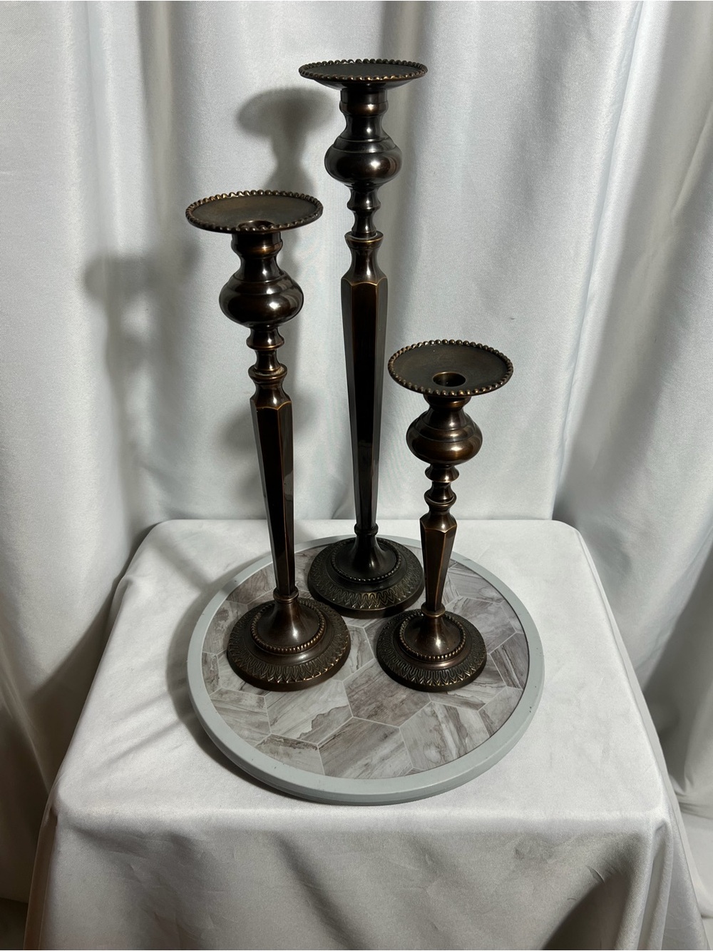 Set 3 Bronze Tone Metal Candlestick Holders India Graduated Boho Classic